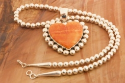 Artie Yellowhorse Genuine Spiny Oyster Shelll Sterling Silver Heart Pendant and Necklace Set